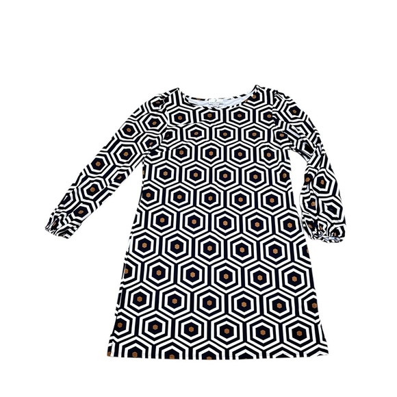 Jude Connally Black, brown & White geometric balloon long Sleeve Dress large - Picture 2 of 10